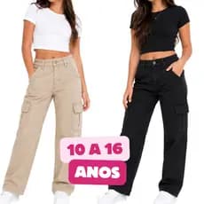 Calça Cargo Brim Feminina Juvenil Wide Leg Sarja Premium Bege Preta Bolsos Laterais Moda 10 ao 16
