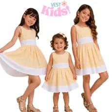 Vestido Infantil Festa Casual com Faixa Branca e Botão nas Costas Vestidos Infantil Kids