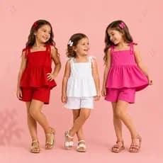 Conjunto Infantil Feminino Verão Blusa de Alça com Laço Short Confortável Conjuntinho menina babado