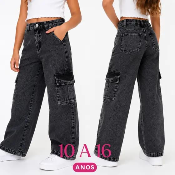 Calça Jeans Cargo Wide Leg Juvenil Preta Marmorizada Bolsos Laterais Blogueirinha Estilosa 10 ao 16