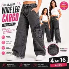 Calça Jeans Cargo Wide Leg Feminina Bolsos Laterais Calça Jeans Grafite Despojada Infantil e Juvenil