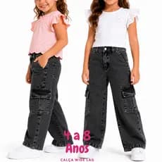 Calça Jeans Cargo Wide Leg Estonada Infantil Feminina Calça Grafite Kids Infantil Feminina Jeans
