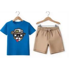 Conjunto Infantil Masculino Camiseta Urso e short bege com cordão ajustável perfeito para dia a dia