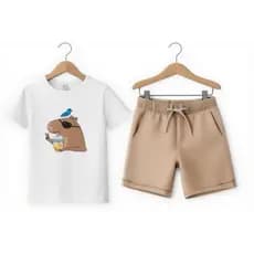 Conjunto Infantil Masculino Camiseta Estampada Capivara Com Bermuda Menino 100% Algodão Confortável