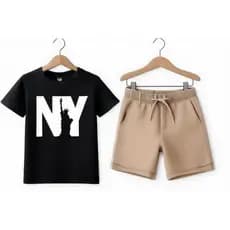 Conjunto Infantil Menino, NY Nova York  Estampada + Shorts Bege 100% Algodão
