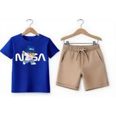 Conjunto Infantil Masculino Camiseta Urso e short bege com cordão ajustável perfeito para dia a dia