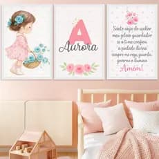 Quadros Decorativos Jardineira Flores Infantil Oração Santo Anjo Personalizado com Nome Rosa Menina