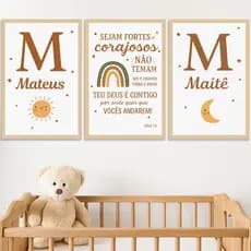 Quadros Decorativos Irmãos Unissex Boho Nome Personalizado Família Arco Iris Sol Lua Seja Forte