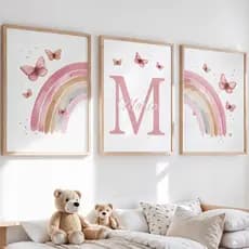Quadro Decorativo Arco Iris Rosa Menina Borboleta Jardim Encantado Personalizado com Nome