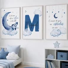 Quadro Decorativo Lua Astronauta Estrelas Te amo Maior Céu Espaço Menino Personalizado com Nome