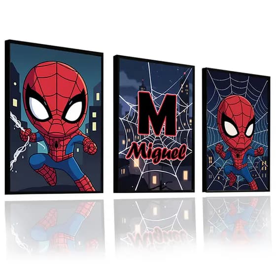 Quadro Decorativo Homem Aranha Spider Man Personalizado Nome Kit 3 Peças Menino Infanti Grande