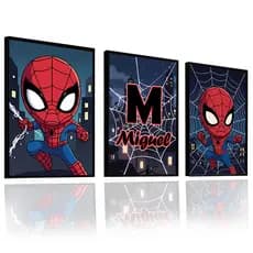 Quadro Decorativo Homem Aranha Spider Man Personalizado Nome Kit 3 Peças Menino Infanti Grande