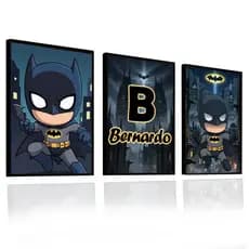 Quadro Decorativo Batman Morcego Gothan Wayne Personalizado Nome Kit 3 Peças Menino Infanti Grande