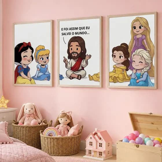 Quadro Decorativo Princesas Encantadas Jesus Religioso Neve Menina Garota Rosa Infantil Fofo