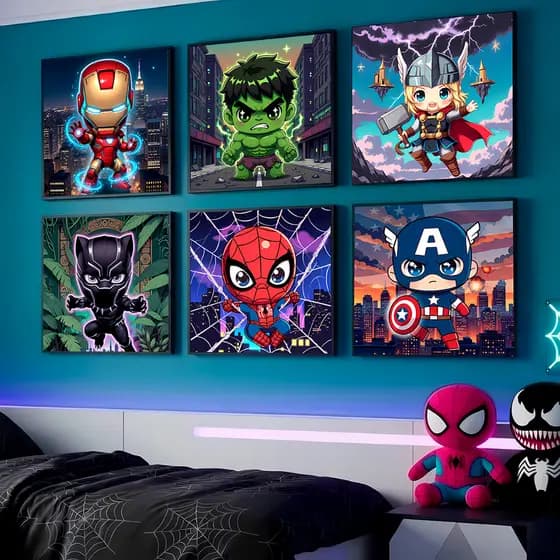 Quadros Decoratis Super Herois Homem Aranha de Ferro Thor Hulk Infaltil Criança Fofo 6 Peças