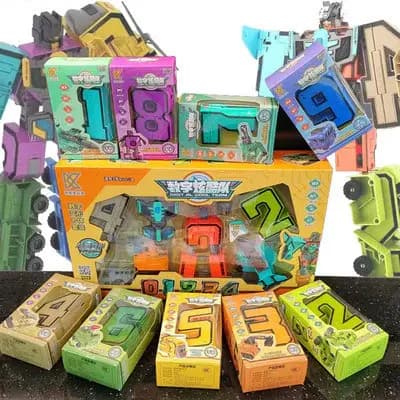 Brinquedo robô de transformação digital autêntico com números de 0 a 9, letras montadas em um quebra-cabeça de diamante