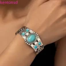 Pulseira de Imitação Turquesa Kington, Bracelete Aberto em Forma de C com Incrustação Estilo Boêmio Liga K6XQ