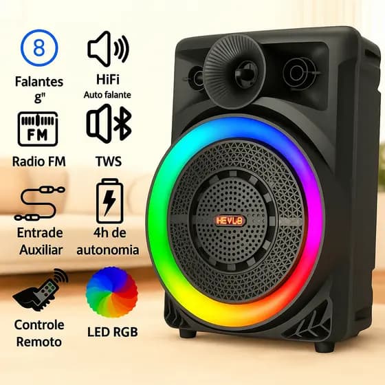 Caixa de Som Bluetooth Portátil 2000W PMPO Potente com LED RGB, Microfone, USB/SD/Aux e Karaokê