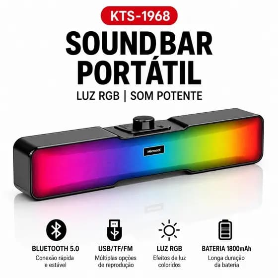 Caixa de Som Soundbar Bluetooth KTS-1968 RGB Portátil USB/TF/FM Bateria 1800mAh