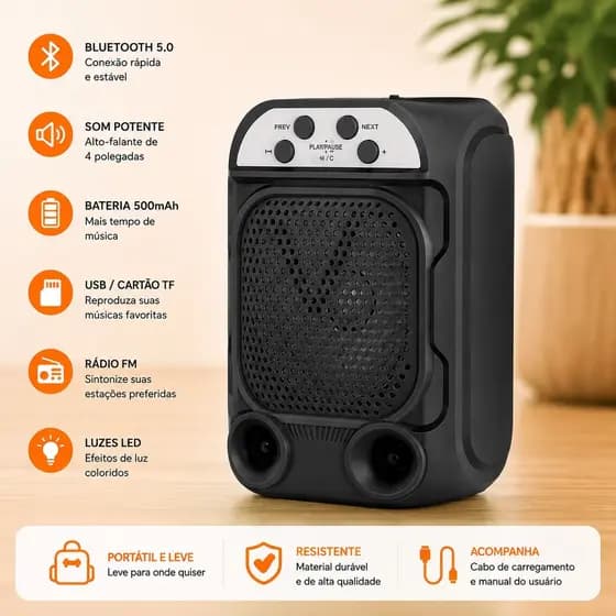 Caixa de Som Bluetooth GTS-1681 4 Polegadas Portátil RGB LED USB TF Rádio FM Som Potente