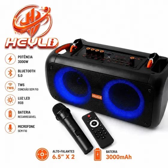 Caixa de Som Bluetooth Portátil Potente LED RMS 3000W  Microfone/Controle Remoto para Festa