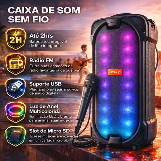Caixa de Som Bluetooth Portátil Potente LED RGB TWS FM C/microfone controle para Festa Viagem Praia