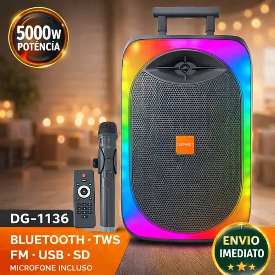 Caixa de Som Portátil Bluetooth 5000W 12" LED TWS Rádio FM USB SD + Microfone Sem Fio