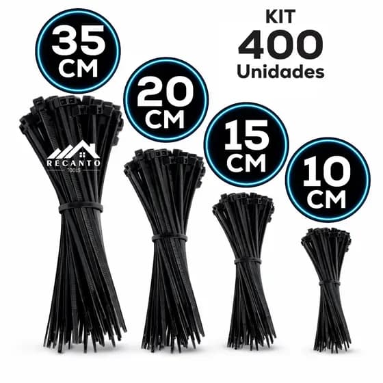 Kit 400 Abraçadeira de Nylon Enforca Gato Braçadeira Cintas Plásticas 10cm - 15cm - 20cm - 35cm - Preta | Branca