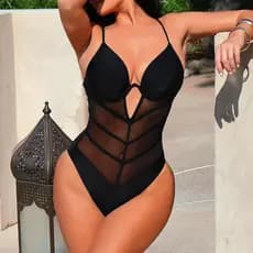 Ins estilo maiô de uma peça feminino preto gaze costura biquíni de uma peça