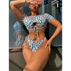 Biquíni com estampa de leopardo, biquíni de manga curta, estilo cobrindo carne, maiô feminino dividido