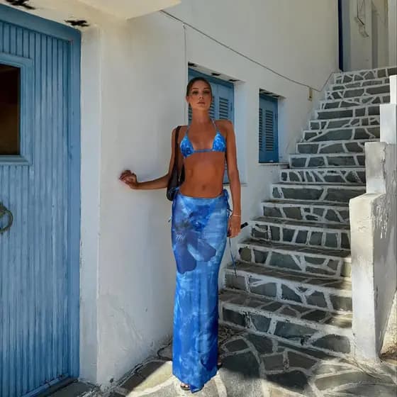 260601 Maiô feminino estampado Tie-Dye biquíni de três peças biquíni maiô