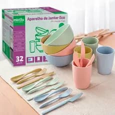 Conjunto de Pratos Louças 32 Peças Pratos Copos Talheres Tigelas Kit Jantar Completo Fibra de Trigo