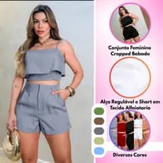 Conjunto Feminino Cropped Babado Alça Regulável e Short no Tecido Alfaiataria Diversas Cores