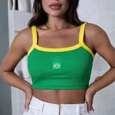 Regata De Alcinha Top Cropped Brasil Canelado Feminino Moda Verão Sem Bojo Alça Larga Ajustada