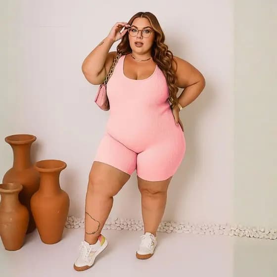 Macacão Curto Plus Size Feminino Básico Chic Canelado Confortável para Looks Casuais