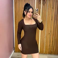Vestido Canelado Marrom Café Manga Longa Feminino Justo Decote Quadrado Moda Elegante Confortável Para Noite e Dia