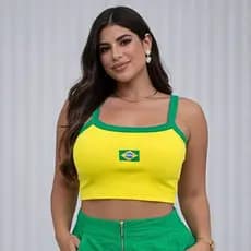 Top Cropped Brasil Amarelo e Verde Canelado Alça Fina Ajustado Sem Bojo Regata Feminina Moda Verão Casual