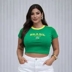 Cropped Brasil Verde Malha Anaruga Manga Curta Gola Amarela Ajustado Blusa Feminina Moda Verão Casual Torcida