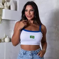 Top Cropped Brasil Malha Anaruga Branco Azul Alça Sem Bojo Regata Feminina Esporte Moda Verão Casual
