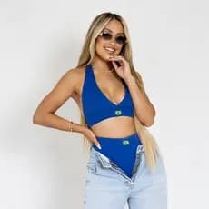 Top Cropped Feminino Hot Pants Brasil Branco Frente Única Decote V Moda Verão Blogueira Casual Regata Fashion