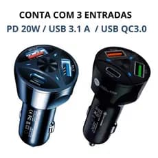 CARREGADOR VEICULAR TURBODRIVE 55W – 3 PORTAS | CARGA SUPER RÁPIDA