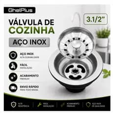 Válvula Pia Cozinha Americana Escoamento 3 1/2" Aço Inox Ghelplus