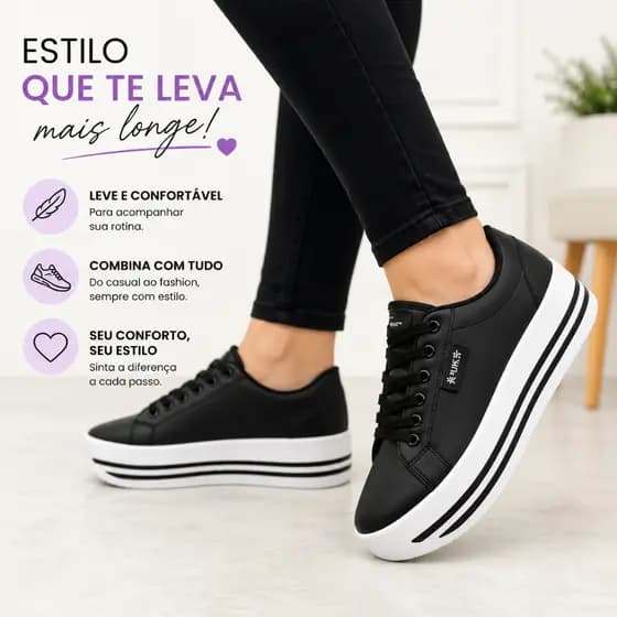 Tênis Feminino Casual Leve Macio Academia Dia a Dia Confortável Preto Lindo