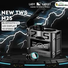 Sem fio Bluetooth 5.3 TWS M25 novo fone de ouvido à prova dwaterproof água 9D estéreo esportes fones LED Microphoe