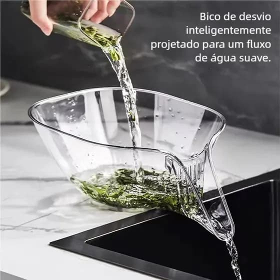 Tigela Filtrante Transparente - Separação Seco/Úmido, Portátil para Limpeza de Frutas