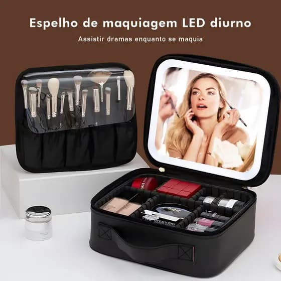 Maleta Maquiagem Grande com Espelho LED 2000mAh 3 Cores de Luz Organizador Profissional Bolsa de Beleza Longa Duração 8h
