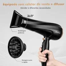Secador de cabelo 1900 watts Preto com coletor de vento e difusor 127V Motor CC 3 Temperaturas Secagem Rapida Leve BY526