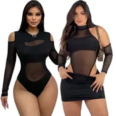 KIT 2 BODY DE TULE FEMININO CAVADO MODA GRINGA COM BOJO MANGA PRESA