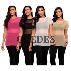 Kit 4 ou 1 Blusa Feminina Transparente de Tule Manga Curta Camiseta Academia Treino