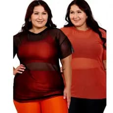 Kit 02 ou 1 Blusa Feminina Plus Size de Tule Academia Treino Respiravél Transparência Feminino